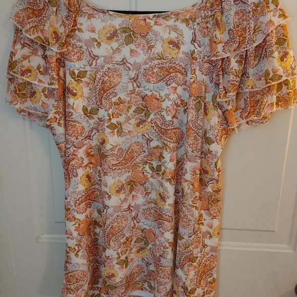 Joie de Vie peasant top Sz XL Orange & gold Paisley ruffled sleeves Boho Flowy - Picture 5 of 5